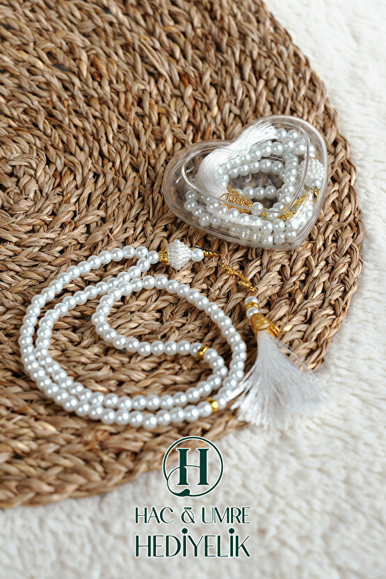Hediyelik Tesbih | 99lu İnci Tesbih Vav İmameli Püsküllü Kalp Kutulu | Hac Umre Gün Davet Hediyesi