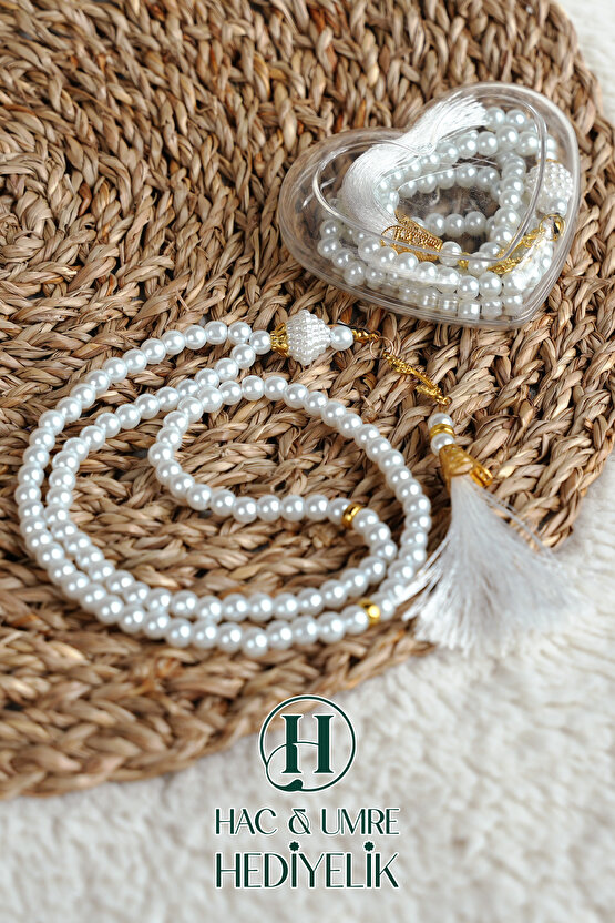Hediyelik Tesbih | 99lu İnci Tesbih Vav İmameli Püsküllü Kalp Kutulu | Hac Umre Gün Davet Hediyesi