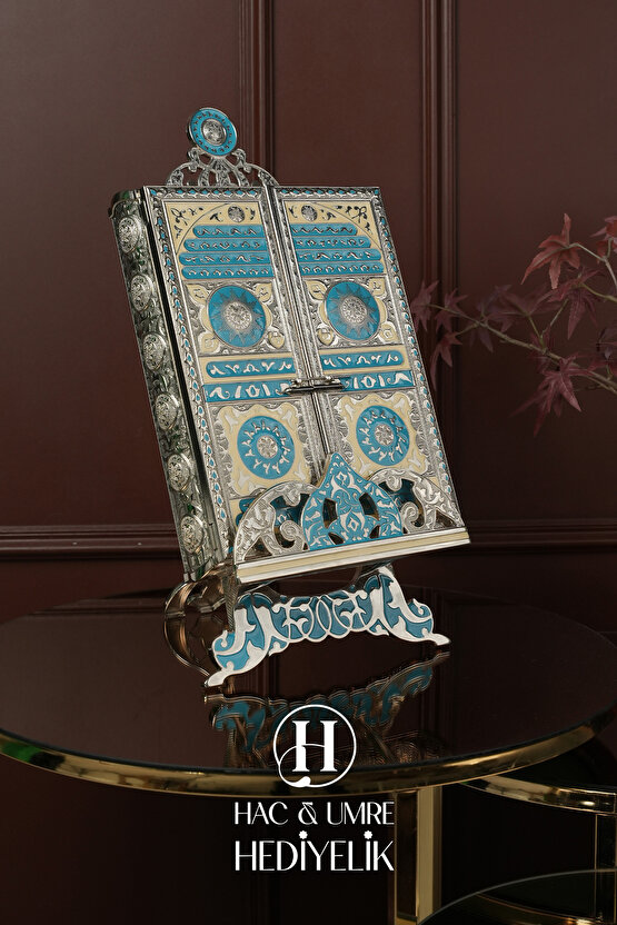Gümüş Kaplama Kuran Kabı ve Kadife Kuranı Kerim Seti | Hediyelik Lüks Stantlı Kuran Kutusu ve Kuran