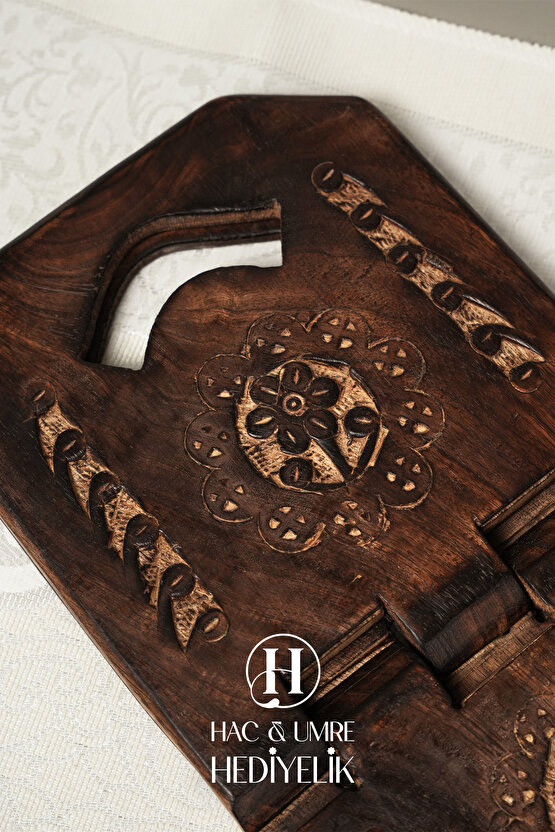 Rahle El Yapımı Masif Ahşap | Desenli Kulplu Kitap Okuma Standı | Küçük Boy Kuran Rahlesi