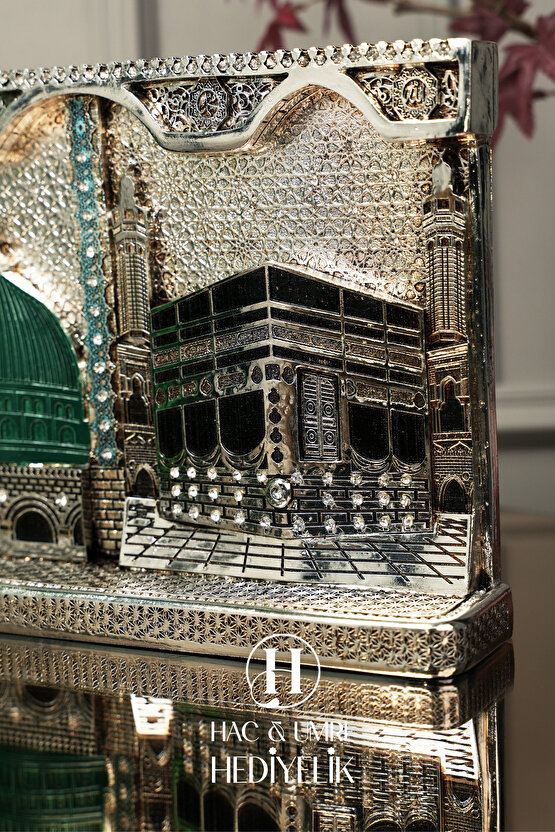 Hac Umre Hediyesi | İslami Dekor | Kabe ve Mescidi Nebevi Gümüş Dekor | İkili Mekke Medine Biblosu