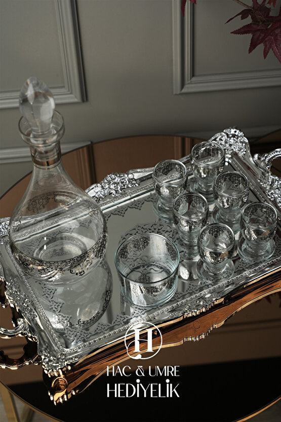Cam Sunum Takımı 8 Parça | Gümüş Dekoratif Karaf Seti | Lüks İkram Takımı | Zemzem Sunum Seti