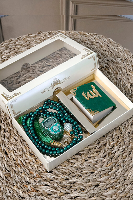 10 Adet - Taşlı Zikirmatik Tesbihmatik Kadife Kaplı Mini Kuran 99lu İnci Tesbih Seti