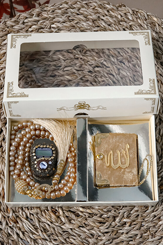 10 Adet - Taşlı Zikirmatik Tesbihmatik Kadife Kaplı Mini Kuran 99lu İnci Tesbih Seti