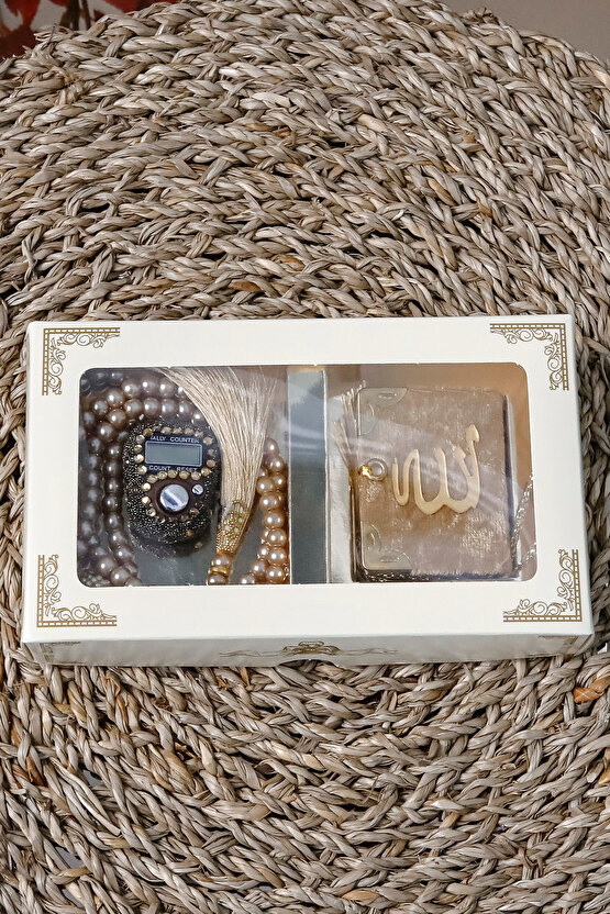 10 Adet - Taşlı Zikirmatik Tesbihmatik Kadife Kaplı Mini Kuran 99lu İnci Tesbih Seti