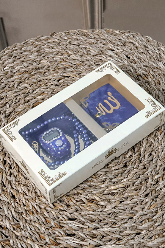 10 Adet - Taşlı Zikirmatik Tesbihmatik Kadife Kaplı Mini Kuran 99lu İnci Tesbih Seti