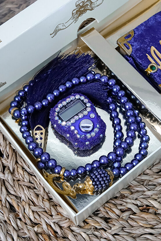 10 Adet - Taşlı Zikirmatik Tesbihmatik Kadife Kaplı Mini Kuran 99lu İnci Tesbih Seti