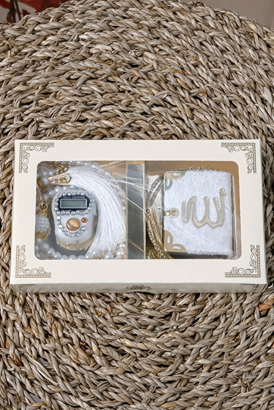 10 Adet - Taşlı Zikirmatik Tesbihmatik Kadife Kaplı Mini Kuran 99lu İnci Tesbih Seti