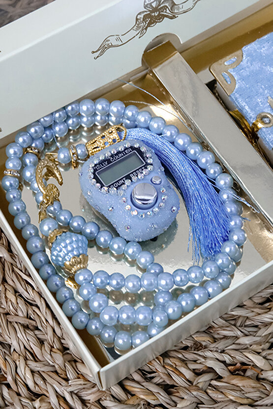 10 Adet - Taşlı Zikirmatik Tesbihmatik Kadife Kaplı Mini Kuran 99lu İnci Tesbih Seti