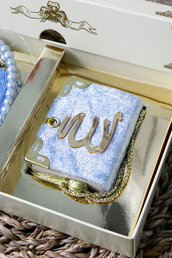 10 Adet - Taşlı Zikirmatik Tesbihmatik Kadife Kaplı Mini Kuran 99lu İnci Tesbih Seti