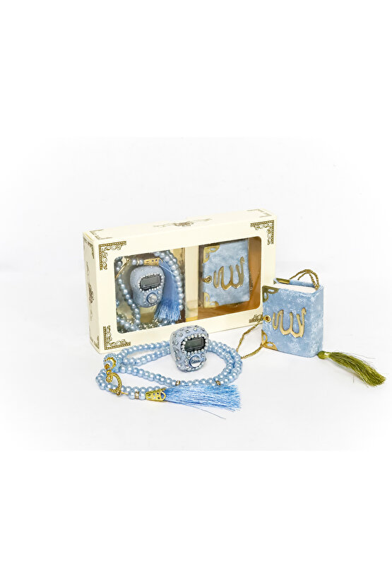 10 Adet - Taşlı Zikirmatik Tesbihmatik Kadife Kaplı Mini Kuran 99lu İnci Tesbih Seti