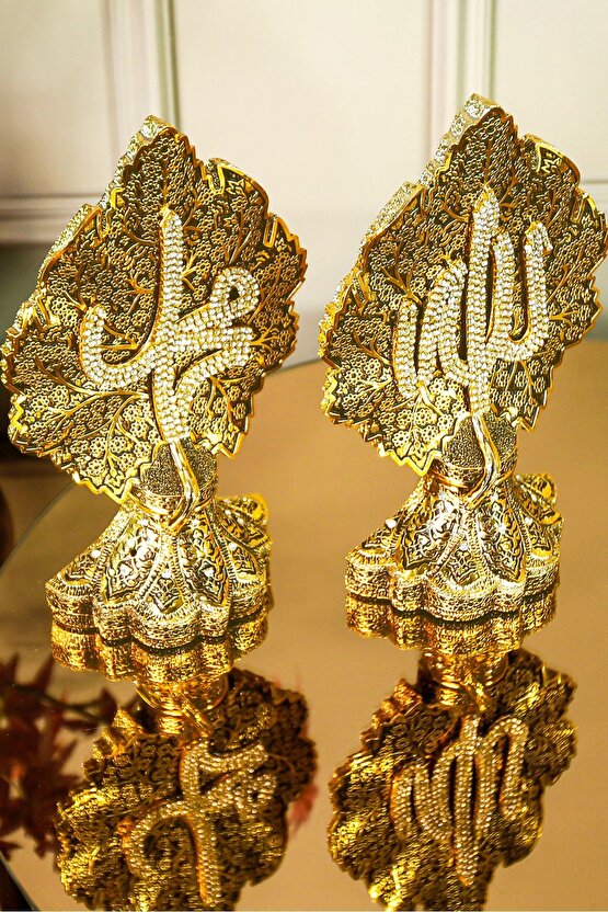 İkili Lüks Dekoratif Biblo Papatya Ve Çınar Yapraklı Allah Muhammed Işlemeli Dekoratif Figür