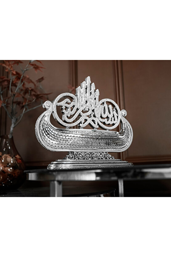LÜKS OFİS HEDİYESİ FİGÜR DEKORATİF OBJE GEMİ BESMELE GÜMÜŞ