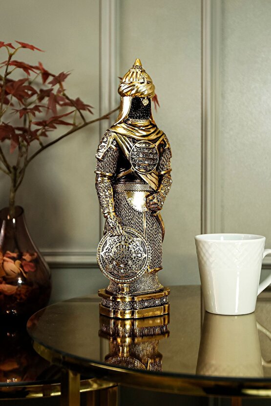 Osmanlı Zırh Asker Nefer Savaşçı Biblo Lüks Gold Kaplama Figür Ihlas Suresi Işlemeli Dekoratif Obje