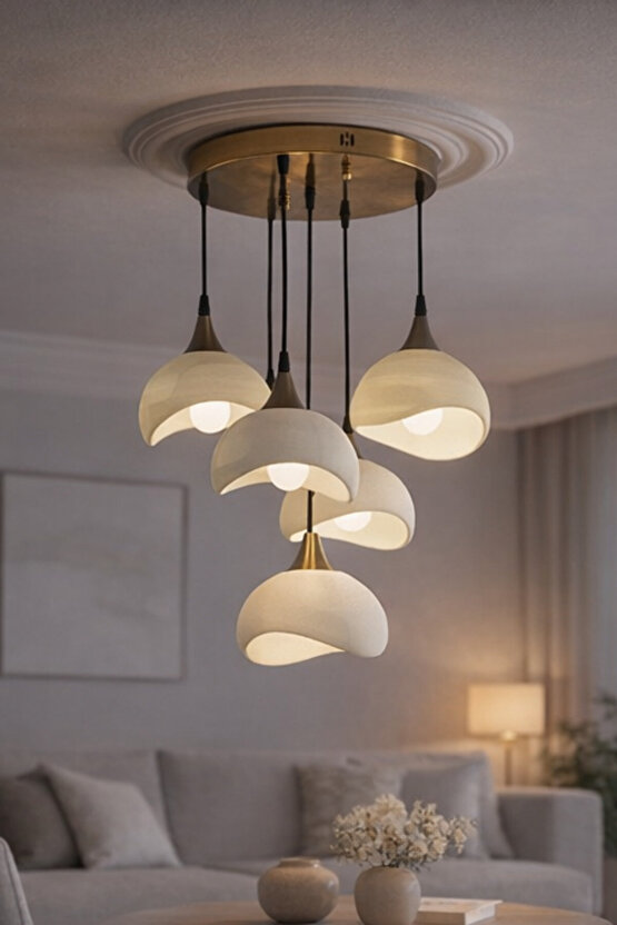 5 Li Sarkıt Avize Rustik E27 Modern Avize Bohem Beton Görünüm (3 ADET BEYAZ LED AMPÜL HEDİYEDİR.!)