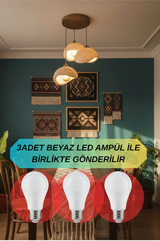 3 Lü Sarkıt Avize Rustik E27 Modern Avize Bohem Beton Görünüm (3 ADET BEYAZ LED AMPÜL HEDİYEDİR.!)