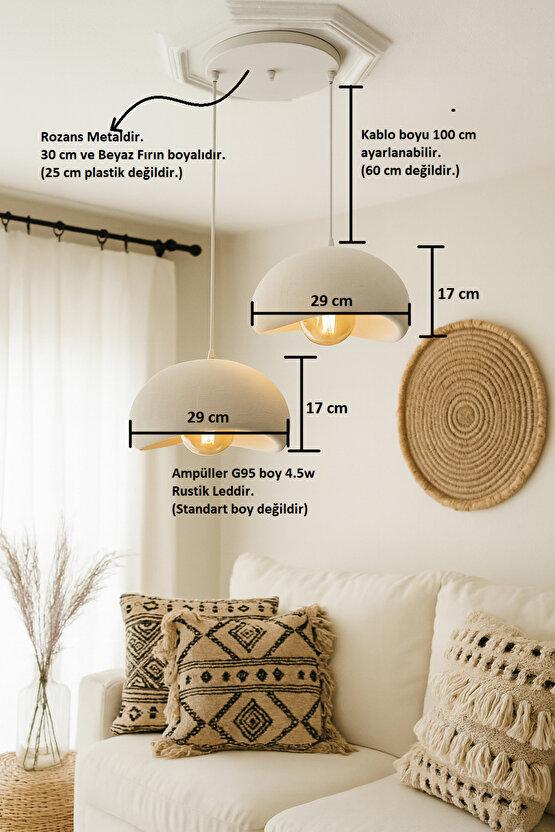 Beton Görünüm 2 Li Sarkıt Avize Bohem Modern Rustik (E27 Ampul Hediyedir.)