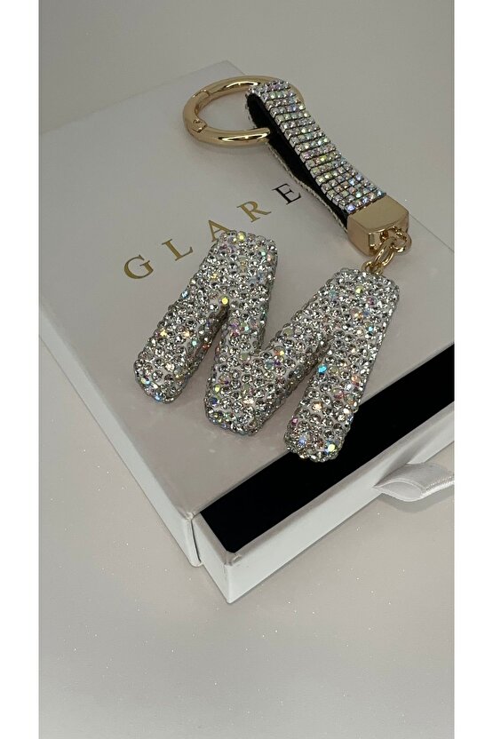 Zirkon Taşlı Simli Lüks M Harf Anahtarlık