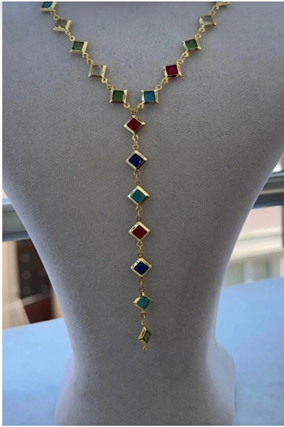 Kadın Gold Renk Zirkon Taşlı Renkli Y Model Kolye