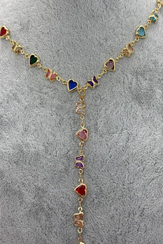 Kalpli & Kelebekli Altın Renkli Y Kolye