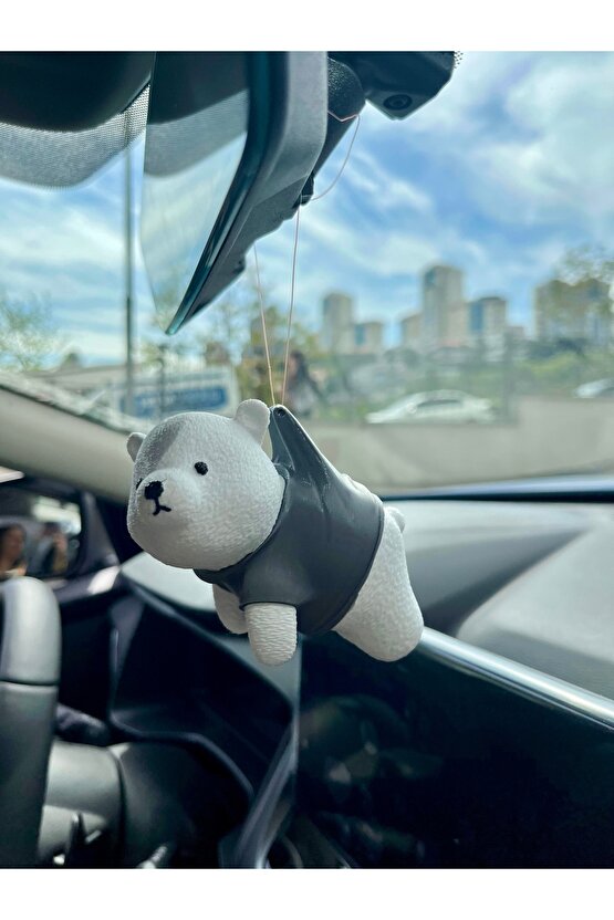 Sevimli Ayıcık Gri Renk Araba Ayna Süsü Dikiz Aynası Süsü Tasarım