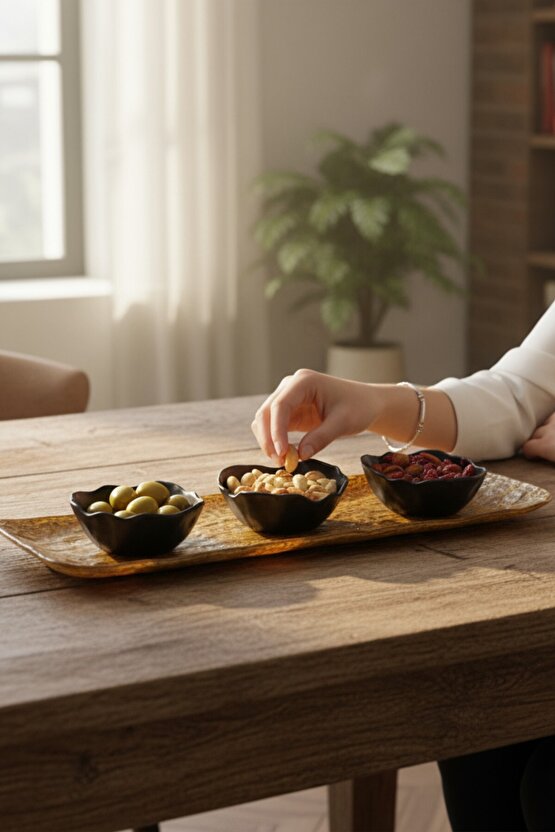 Wood Savana 41cm Porselen Kayık Sunum Tabağı  Porselen Sosluk Kase Siyah 9cm