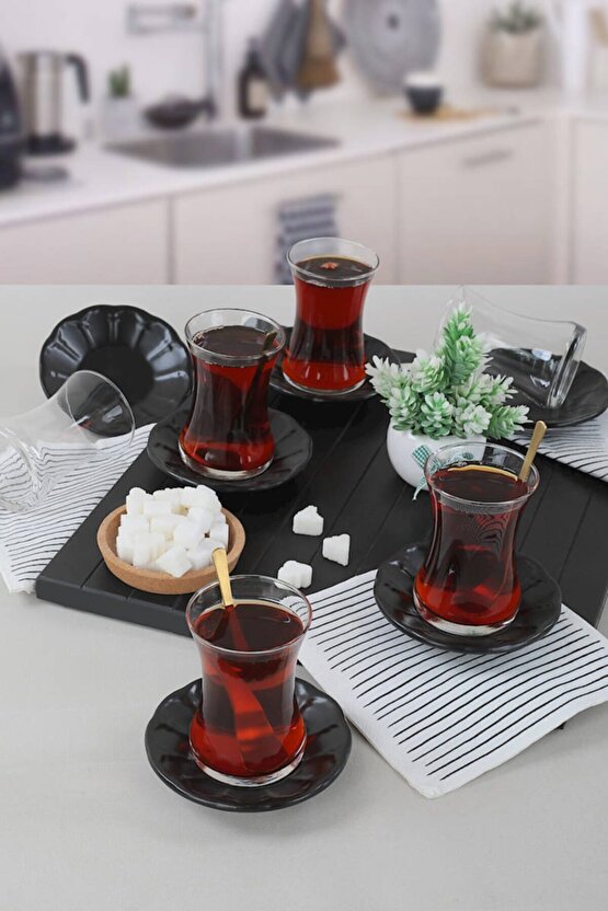 Mat Siyah Cam Çay Takımı 12 Parça 6 Kişilik