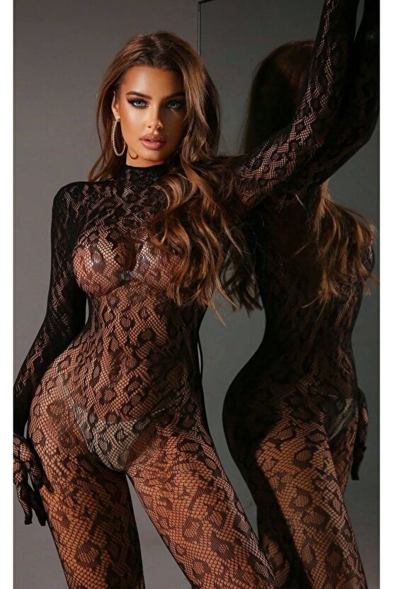 Leopar Desenli Transparan Uzun Kollu Eldivenli File Tulum