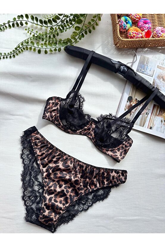 Leopar Saten Dantel Detaylı İç Çamaşır Takımı