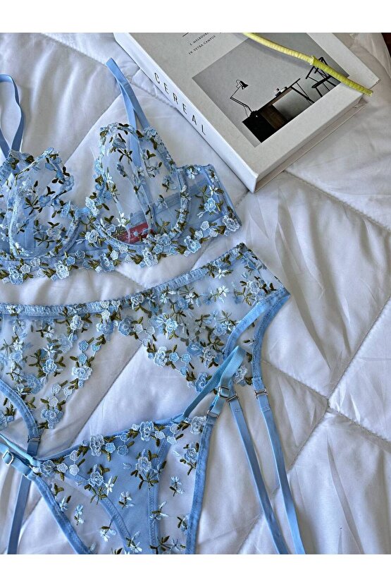 3lü Çiçek İşlemeli Dantel Tül Jartiyer Takımı