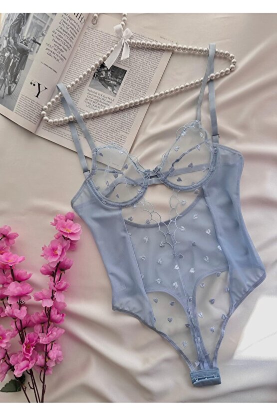 Kalp işlemeli Tül Bodysuit