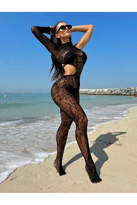 Taşlı Dantel Detaylı Siyah Tüm Boy Çorap