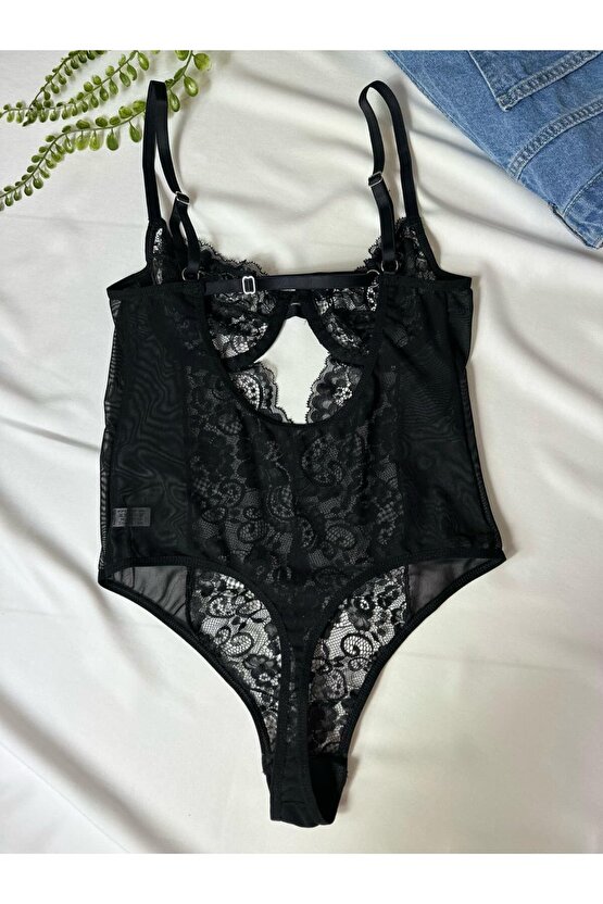 Siyah Dantelli Balenli Balkonet Bodysuit