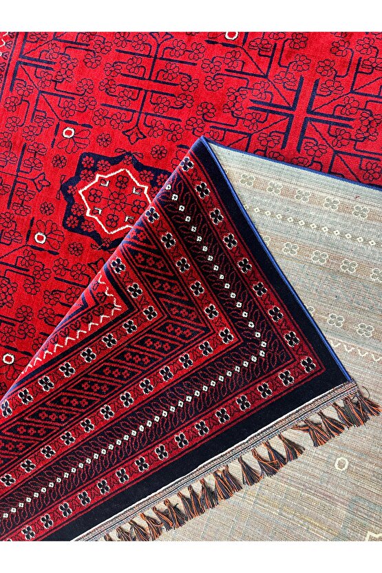 Otantik Desenli Afgan Uşak Halısı Yıkanabilir Kaymaz Taban Makine Halısı