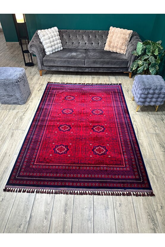 Otantik Desenli Afgan Uşak Halısı Yıkanabilir Kaymaz Taban Makine Halısı