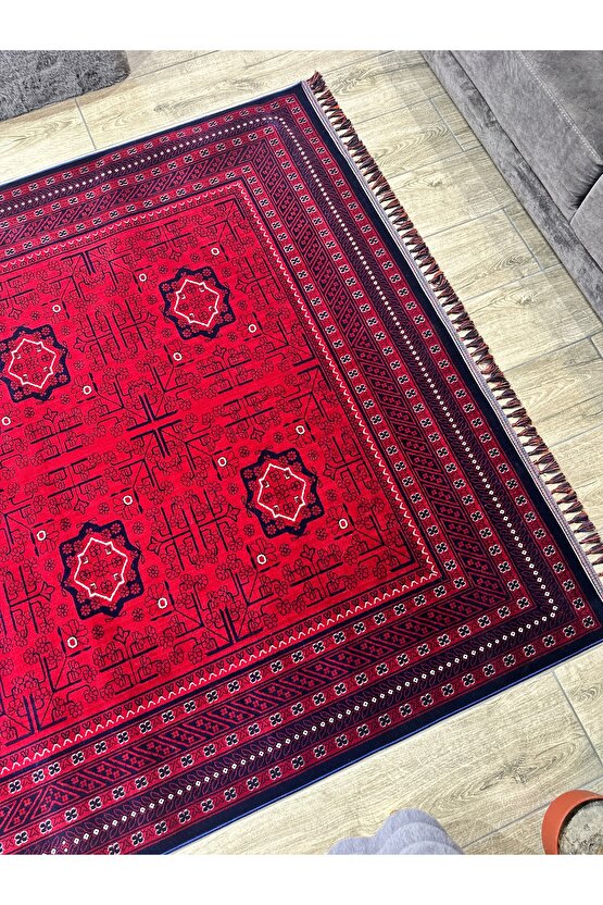 Otantik Desenli Afgan Uşak Halısı Yıkanabilir Kaymaz Taban Makine Halısı