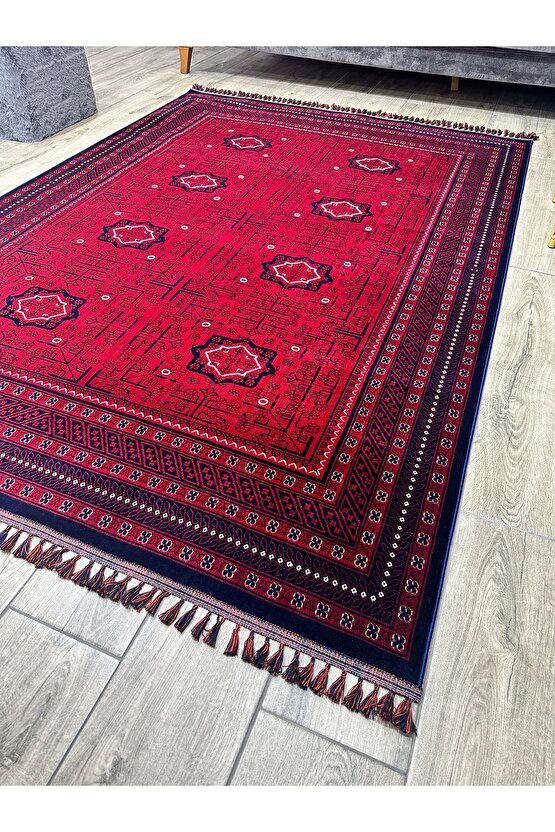 Otantik Desenli Afgan Uşak Halısı Yıkanabilir Kaymaz Taban Makine Halısı