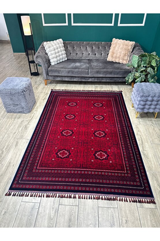 Otantik Desenli Afgan Uşak Halısı Yıkanabilir Kaymaz Taban Makine Halısı