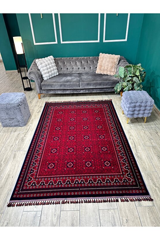 Buhara Koleksiyonu Otantik Desenli Afgan Uşak Halısı Yıkanabilir Kaymaz Taban Makine Halısı