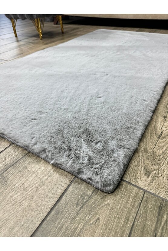 Premium Yumuşacık Tavşan Tüyü Serisi Tüy Dökmez Kaymaz Dokuma Taban Peluş Halı Gri