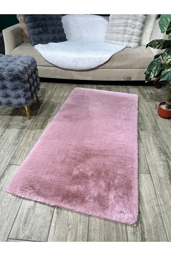 Premium Yumuşacık Tavşan Tüyü Serisi Tüy Dökmez Kaymaz Dokuma Taban Peluş Halı Pudra