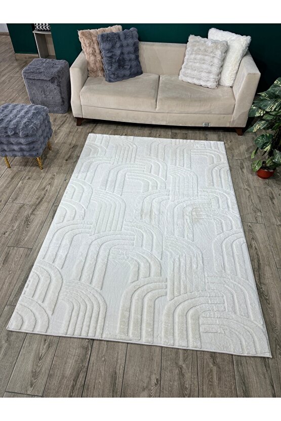 Modern Yumuşak Dokulu Tüy Dökmez Yıkanabilir Tavşan Tüyü Peluş Halı Krem