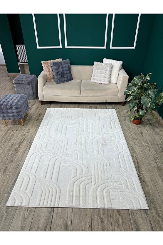 Modern Yumuşak Dokulu Tüy Dökmez Yıkanabilir Tavşan Tüyü Peluş Halı Krem