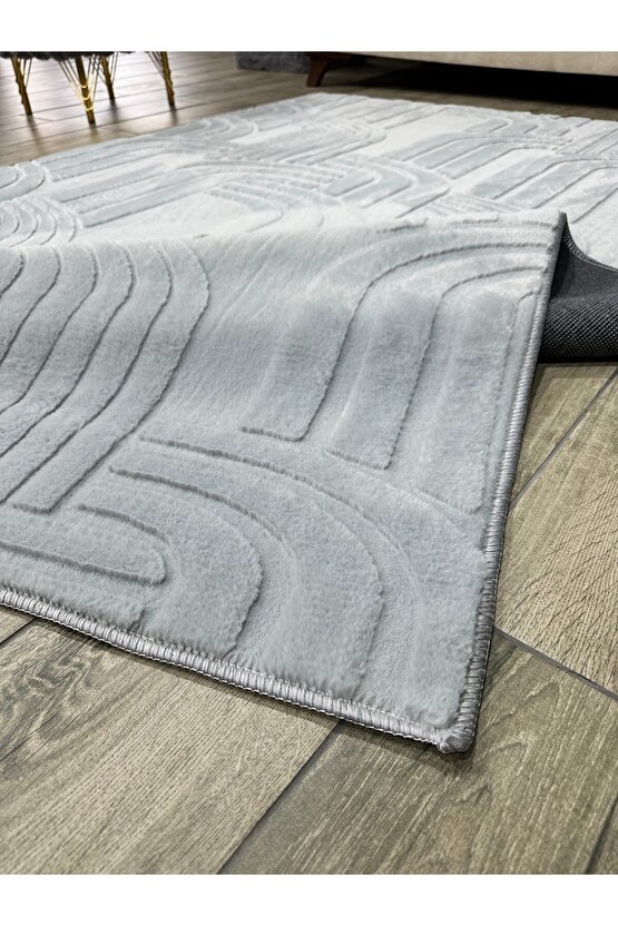 Modern Yumuşak Dokulu Tüy Dökmez Yıkanabilir Tavşan Tüyü Peluş Halı Gri