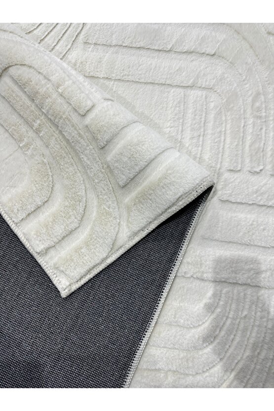 Modern Yumuşak Dokulu Tüy Dökmez Yıkanabilir Tavşan Tüyü Peluş Halı Krem