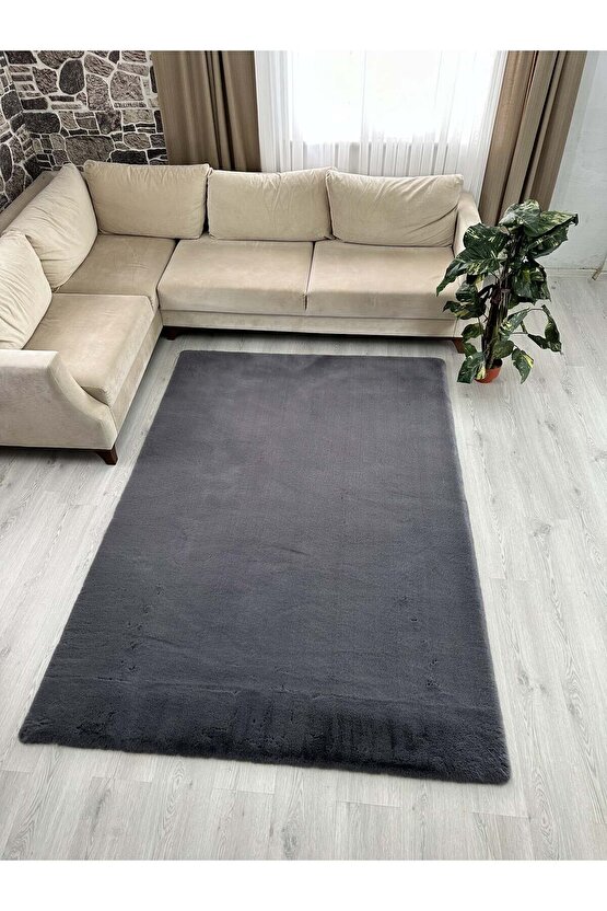Modern Tavşan Tüyü Yumuşacık Tüy Dökmez Peluş Halı Antrasit