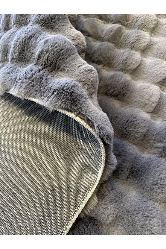 Yumuşak Dokulu Tavşan Tüyü Peluş Yıkanabilir Kaymaz Taban Salon Halısı Çocuk Halısı Antrasit