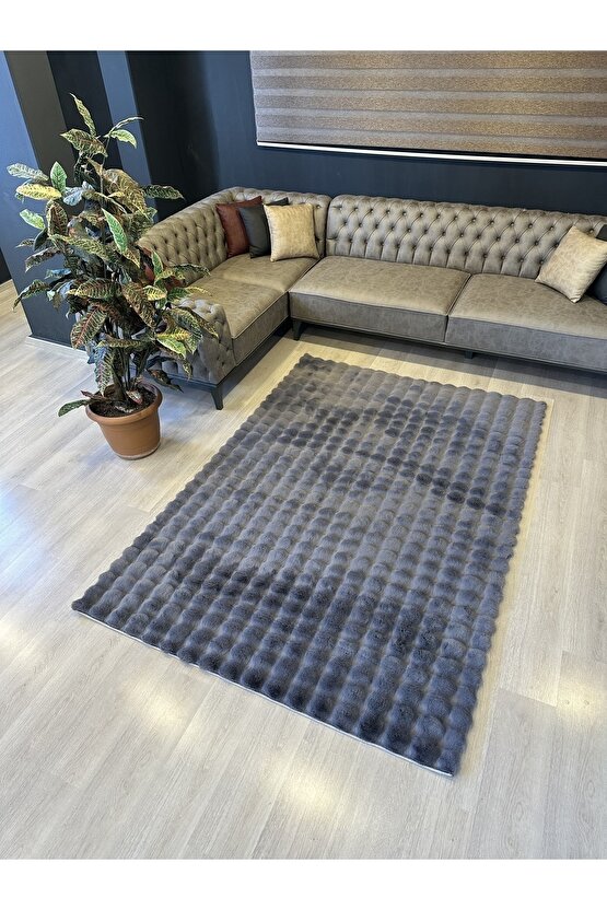 Yumuşak Dokulu Tavşan Tüyü Peluş Yıkanabilir Kaymaz Taban Salon Halısı Çocuk Halısı Antrasit
