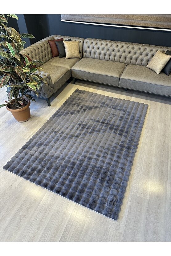 Yumuşak Dokulu Tavşan Tüyü Peluş Yıkanabilir Kaymaz Taban Salon Halısı Çocuk Halısı Antrasit