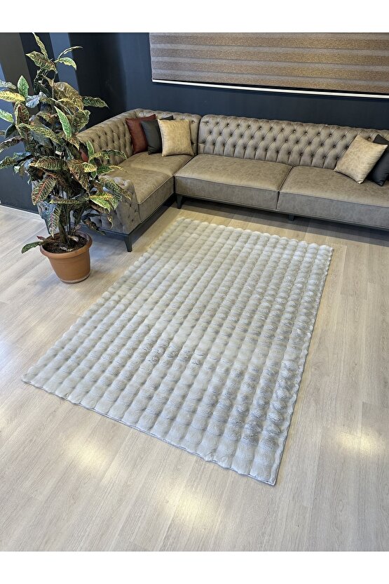 Yumuşak Dokulu Tavşan Tüyü Peluş Yıkanabilir Kaymaz Taban Salon Halısı Çocuk Halısı Gri